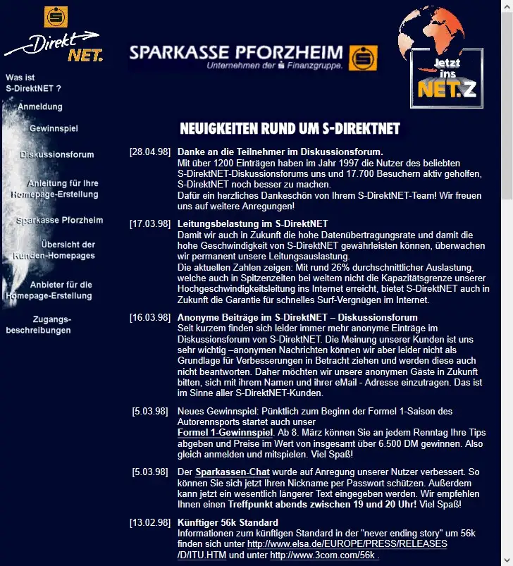 Screenshot des Internet-Angebotes "S-DirektNET" der einstigen Sparkasse Pforzheim aus dem Jahre 1998